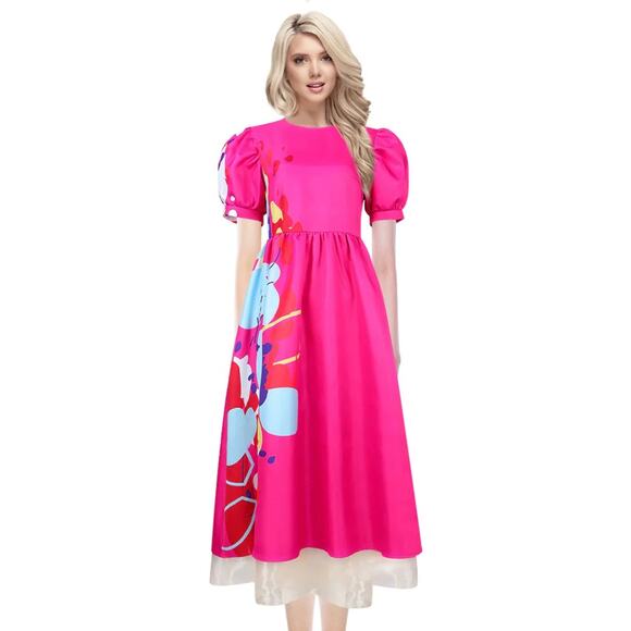 Barbie Movie Weird Doll Pink Puff Sleeve Abstract Print Midi Dress Size Large - Picture 1 of 12